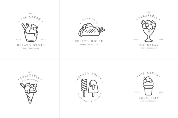 Векторный набор дизайна красочные шаблоны логотипа и эмблемы - мороженое и мороженое. Разница в иконах мороженого. Логотипы в модном линейном стиле изолированы на белом фоне . — стоковый вектор