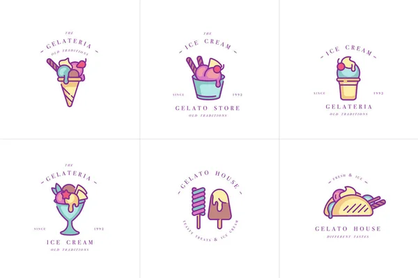 Diseño del conjunto vectorial plantillas de colores logotipo y emblemas helado y gelato. Iconos de helado de diferencia. Logotipos en estilo lineal de moda aislados sobre fondo blanco . — Vector de stock