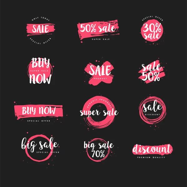 Vector illustration collection of sale discount styled brush strokes banners. Red and dark grey colors. Stickers set. — Stock Vector