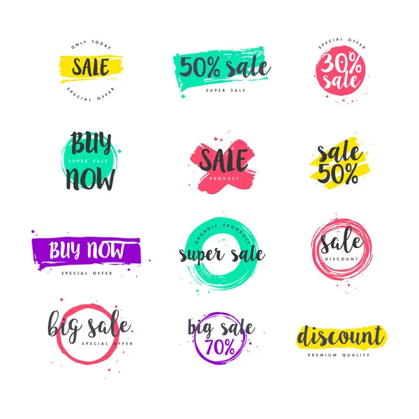 Vector illustration collection of sale discount styled brush strokes banners. Different colors. Stickers set. — Stock Vector