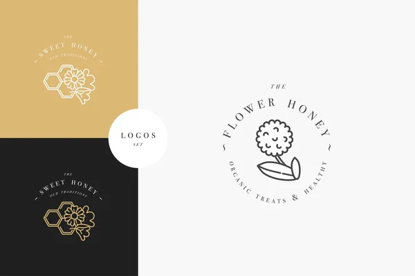 Conjunto de vectores logotipos de ilustración y plantillas de diseño o insignias. Etiquetas y etiquetas de miel ecológica y ecológica con abejas. Estilo lineal y color dorado . — Vector de stock