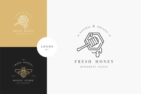 Conjunto de vectores logotipos de ilustración y plantillas de diseño o insignias. Etiquetas y etiquetas de miel ecológica y ecológica con abejas. Estilo lineal y color dorado . — Vector de stock