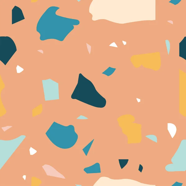 ベクトルテラゾテクスチャ。色石の流行や抽象的な形状とシームレスなパターン。布プリント、包装紙、壁紙、床のためのカラフルなコラージュイラスト. — ストックベクタ