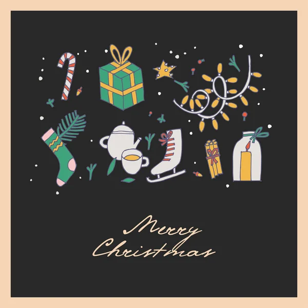 Diseño de dibujo a mano vectorial para tarjetas de felicitaciones navideñas de color colorido. Tipografía e icono para fondo de Navidad, banners o carteles y otros imprimibles. Vacaciones de invierno elementos de diseño . — Vector de stock