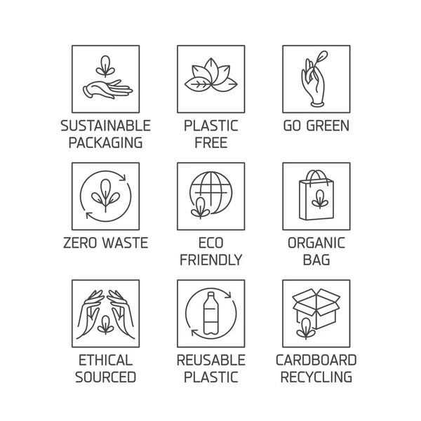 Διάνυσμα σετ λογότυπων, σημάτων και εικονιδίων για φυσικά και βιολογικά προϊόντα. Οικολογικός ασφαλής σχεδιασμός πινακίδας. Σύμβολο συλλογής για μηδενικά απόβλητα και επαναχρησιμοποιήσιμη συσκευασία. — Διανυσματικό Αρχείο