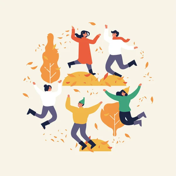 Gelukkig herfstseizoen. Warm geklede mensen springen. Herfst weer. Vector illustratie in vlakke stijl, cirkel compositie. — Stockvector