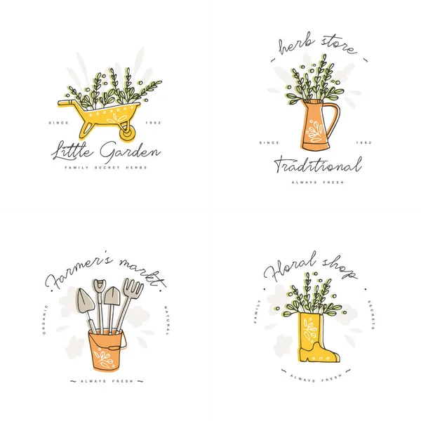 Vector set of logos, badges and icons for farmers and garden tools flowers shop. Collection symbol of gardening. — Stock Vector