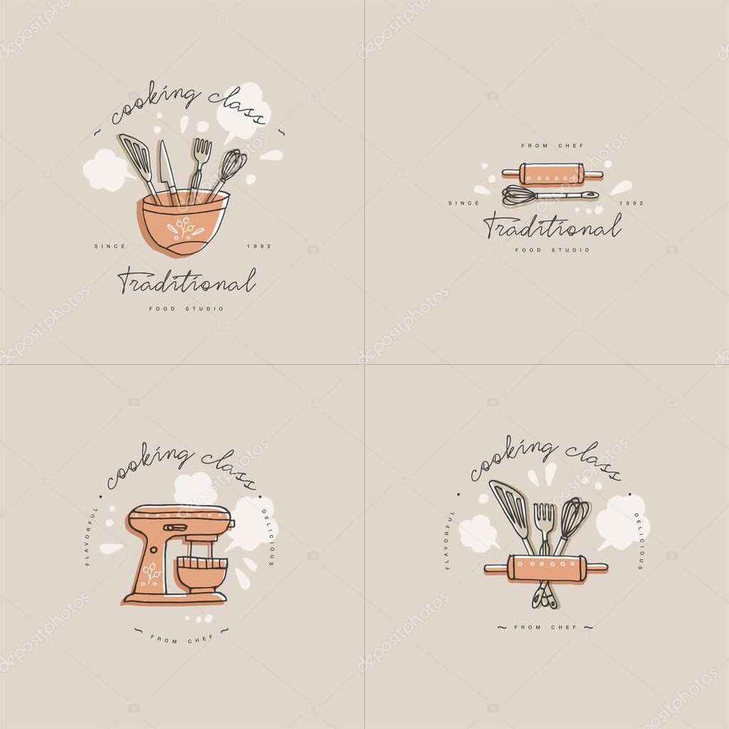 Cooking class linear design elements, set of kitchen emblems, symbols, icons or food studio labels and badges collection. Cooking courses signs template or logo, identity, culinary school