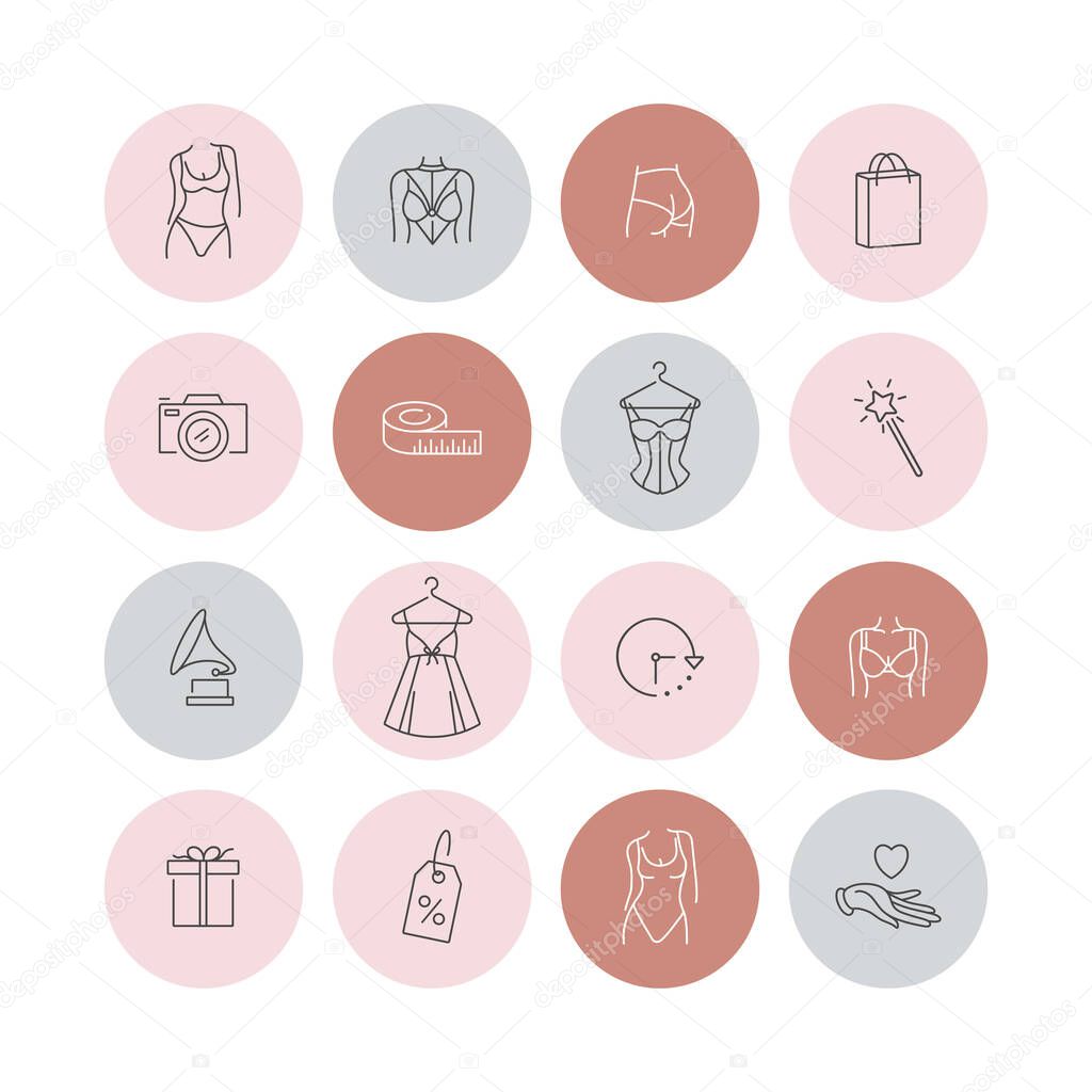 Vector set design colorful templates icons and emblems - social media story highlight. Different underwear shop icons in trendy linear style isolated on white background.