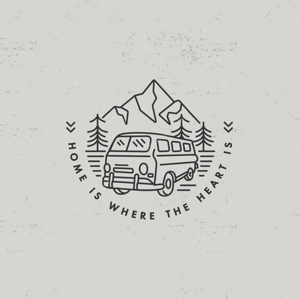 Vector liear icon or logo mountains. Traveling emblem or round badge with mountains landscape. Design for t-shirt and print