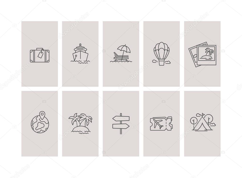 Vector set design colorful templates icons and emblems - social media story highlight. Travel agency and different types of tourism icons in trendy linear style isolated on white background.