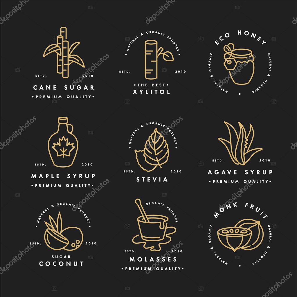 Vector golden set of logos, badges and icons for natural and organic products. Collection symbol of healthy products and sugar alternatives, natural substitutes