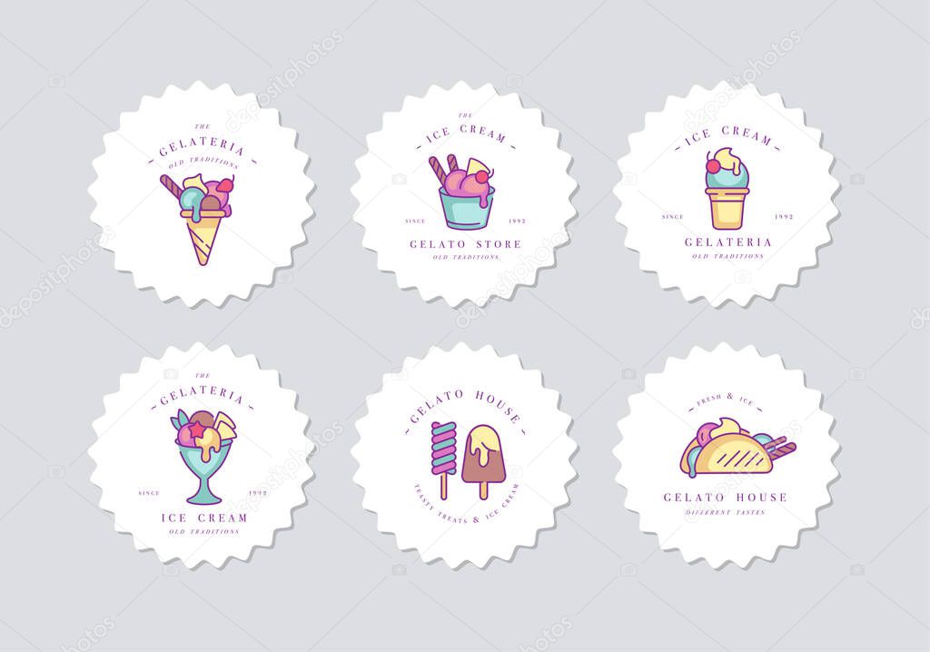 Vector set design colorful templates logo and emblems - ice cream and gelato. Difference ice cream icons. Logos in trendy linear style isolated on white background