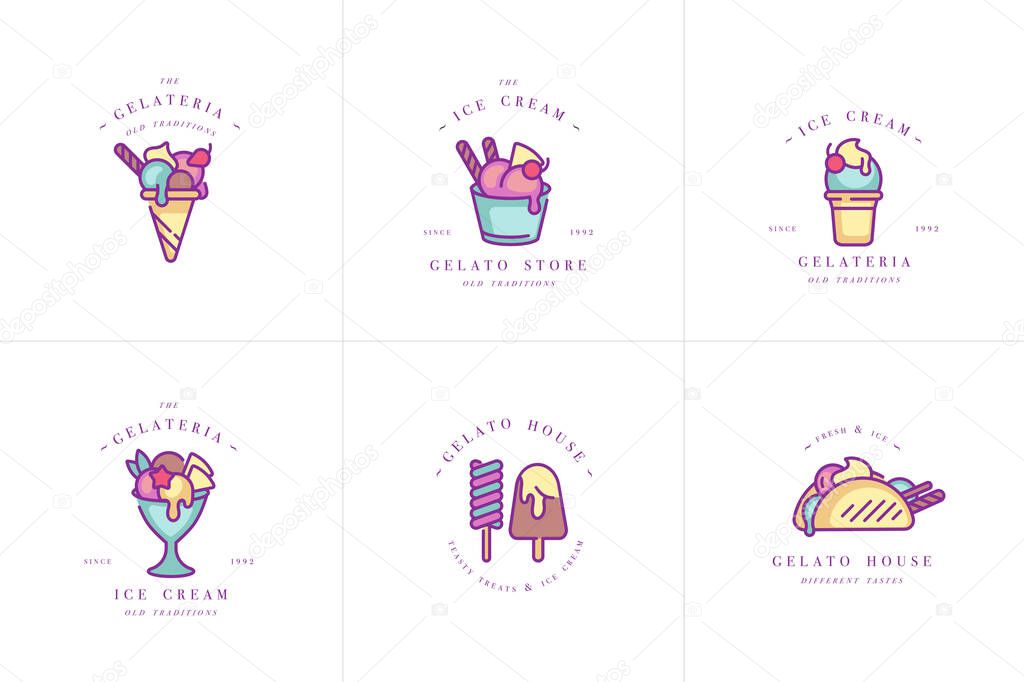 Vector set design colorful templates logo and emblems - ice cream and gelato. Difference ice cream icons. Logos in trendy linear style isolated on white background