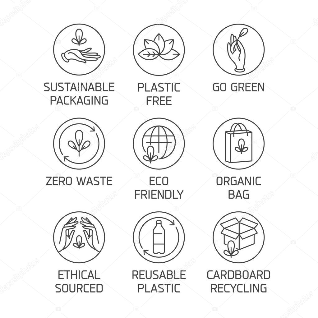 Vector set of logos, badges and icons for natural and organic products. Eco safe sign design. Collection symbol for zero waste and reusable packaging