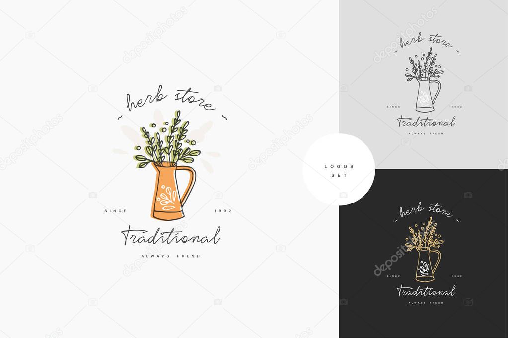 Vector hand drawing logo or badge and icon for gardening or flowers shop. Collection symbol of watering can with green branches