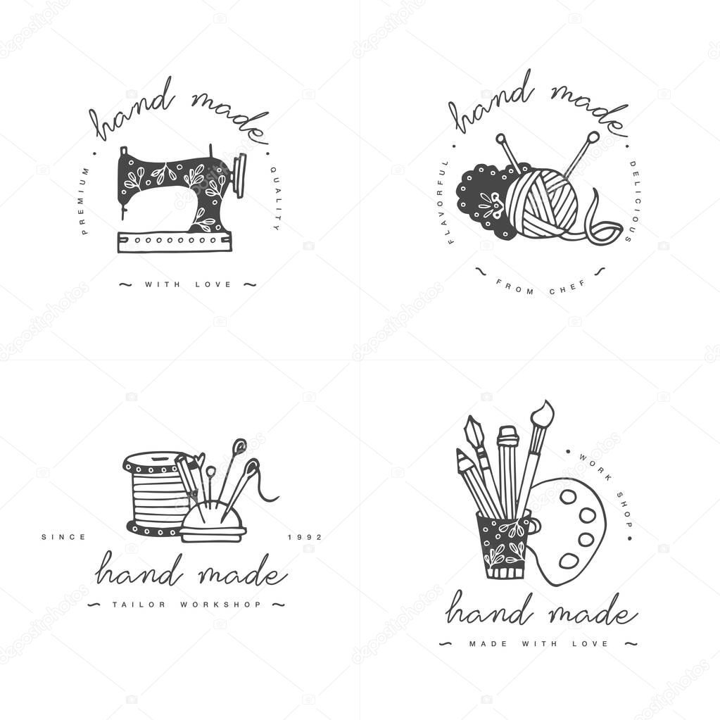 Handmade colorful line logos set. Handmade linear badges or outline labels. Knitwear and sewing symbols. Vector illustration.