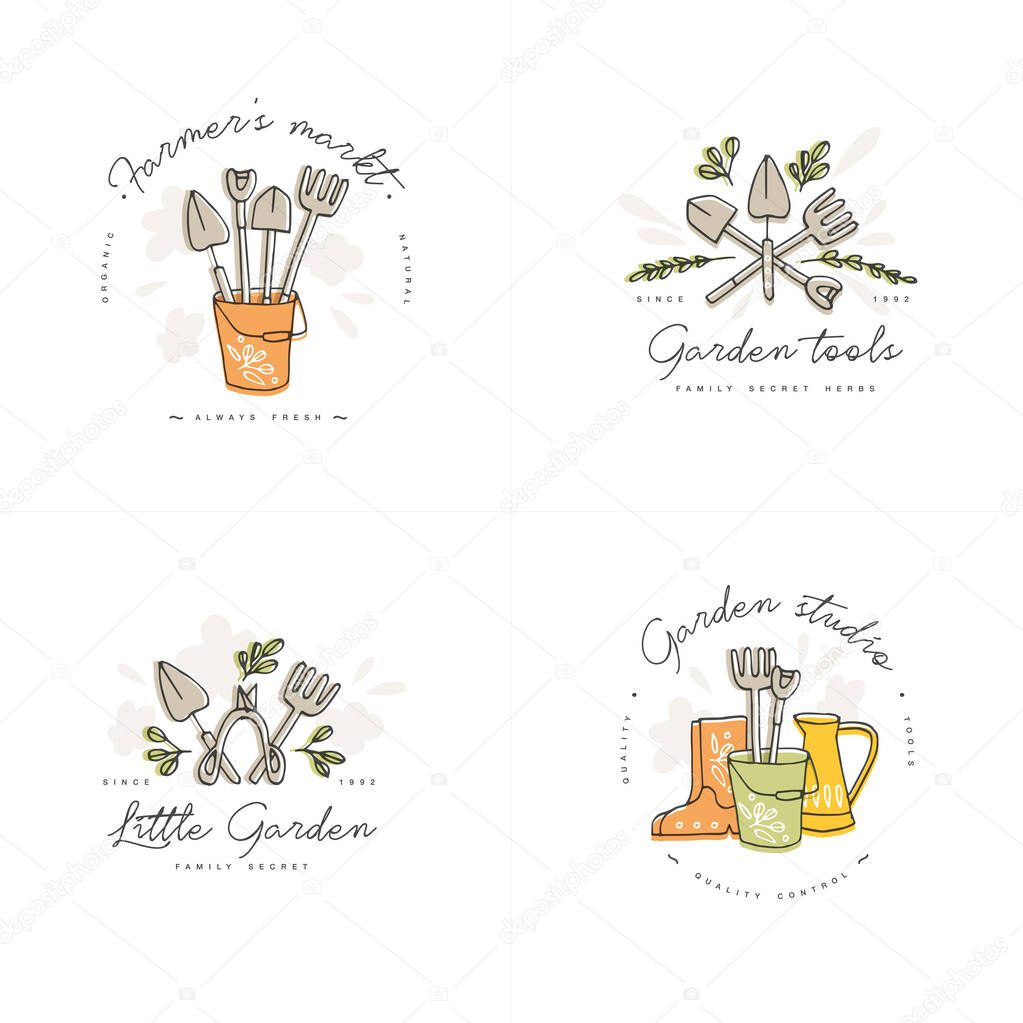 Vector set of logos, badges and icons for farmers and garden tools. Collection symbol of gardening