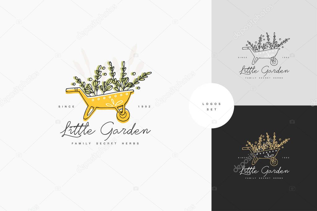 Vector hand drawing logo or badge and icon for gardening or flowers shop. Collection symbol of wheelbarrow with green branches