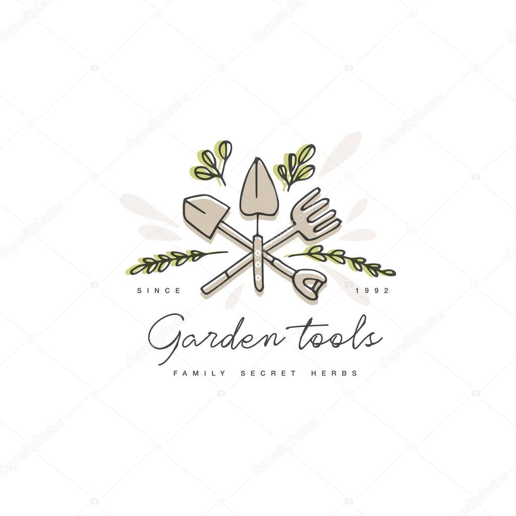 Vector logo or badge and icon for farmers and garden tools. Symbol of gardening