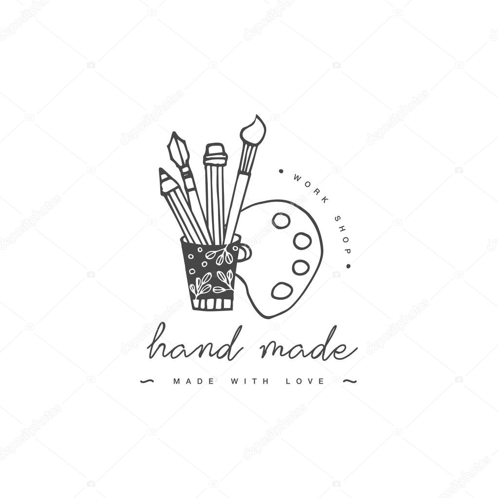 Vector hand made label in outline trendy style - the glass with pencil, brush and calligraphy pen. Logo design template.