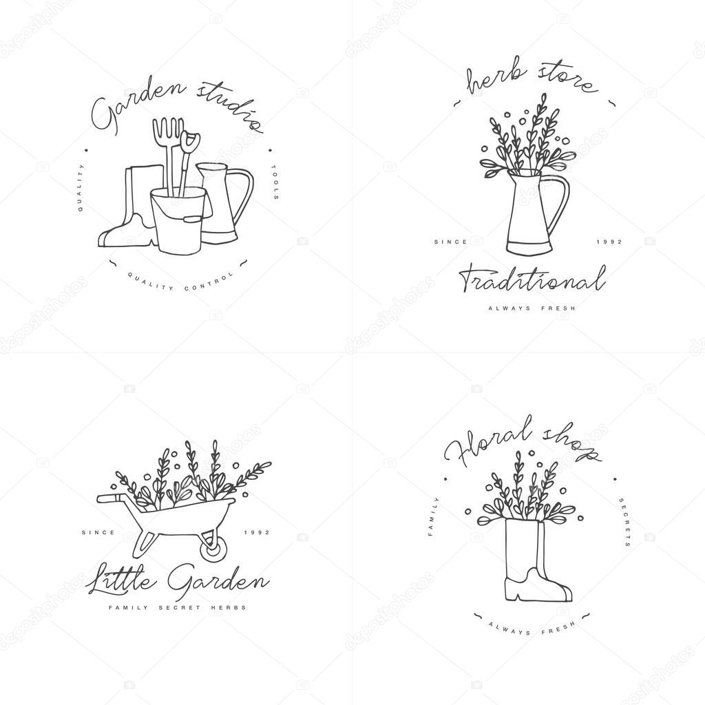Vector set of logos, badges and icons for farmers and garden tools flowers shop. Collection symbol of gardening