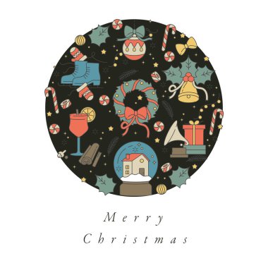 Noel tebrik kartı renkleri için vektör doğrusal tasarım. Xmas arkaplanı için tipografi ve simge, afişler veya posterler ve diğer basılabilir tablolar. Kış tatili tasarım elementleri.