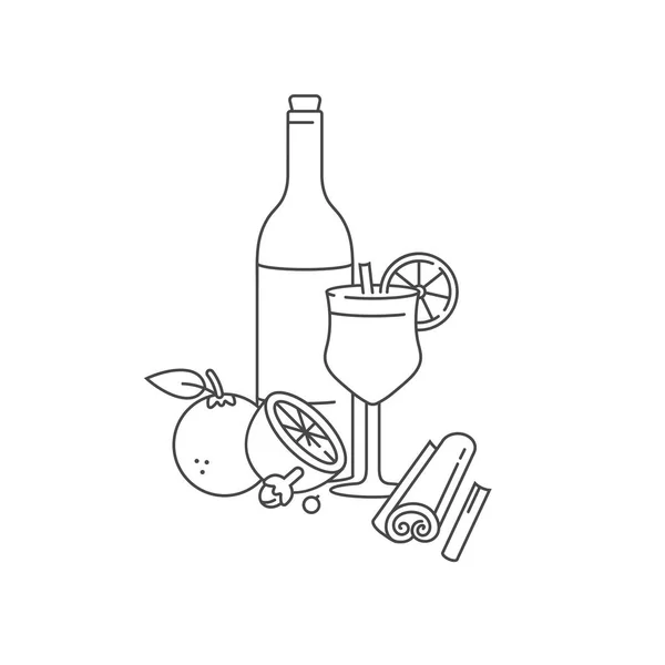 Διάνυσμα γραμμική σχεδίαση πραγματεύεται την εικόνα έννοια του κρασιού. Μπουκάλι κρασιού γυάλινο από gluhwein με κιτρικό οξύ και μπαχαρικά. — Διανυσματικό Αρχείο
