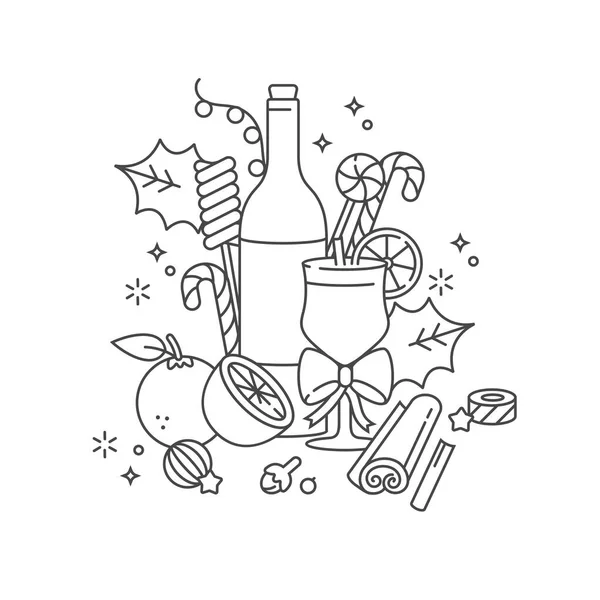 Διανυσματική γραμμική σχεδίαση για χριστουγεννιάτικη κάρτα χαιρετισμού. Τυπογραφία και εικονίδιο για Xmas φόντο, πανό ή αφίσες και άλλα εκτυπώσιμα. Έννοια του οίνου σε άλμη. — Διανυσματικό Αρχείο