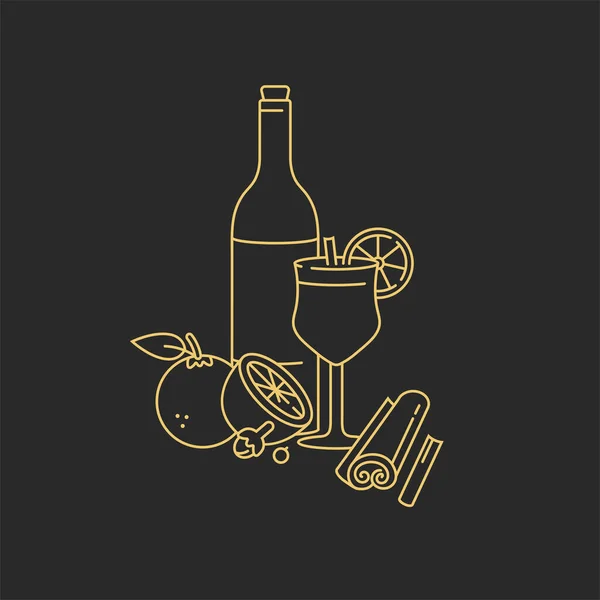 Διάνυσμα γραμμική σχεδίαση πραγματεύεται την εικόνα έννοια του κρασιού. Μπουκάλι κρασιού γυάλινο από gluhwein με κιτρικό οξύ και μπαχαρικά. Χρυσό χρώμα. — Διανυσματικό Αρχείο