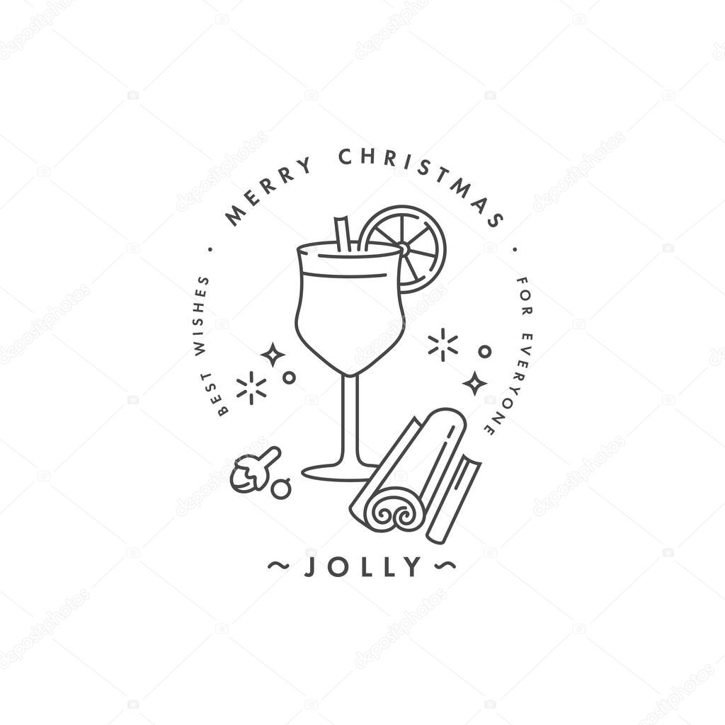 Lovely Merry Xmas concept linear design with christmas mulled wine with spices. Greeting typography compositions Xmas cards, banners or posters and other printables