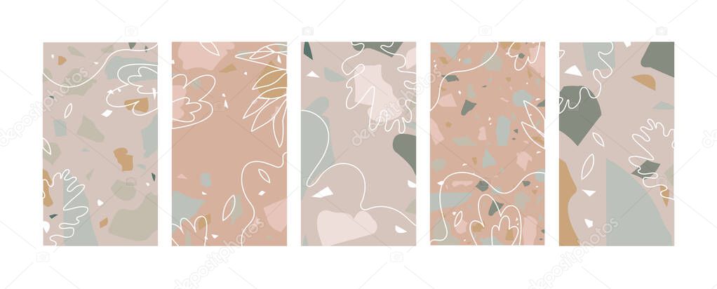 Vector set design colorful templates backgrounds - social media story wallpapers. Terranzzo patterns with colorful rock fragments. Bundle of colorful contemporary texture.