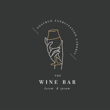Vektör tasarımı doğrusal şablon logosu ya da amblemi. Kadın eli bir kadeh şarap tutuyor. Şarap barı veya şarap garsonluğu kursları için soyut bir sembol.