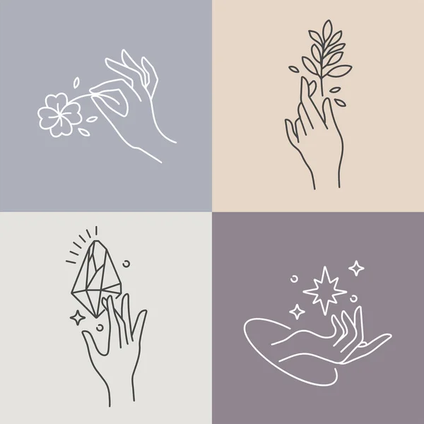 Logotipos o emblemas de plantilla lineal de diseño vectorial - manos en diferentes gestos. Símbolo abstracto para cosméticos y envases o productos de belleza. — Vector de stock