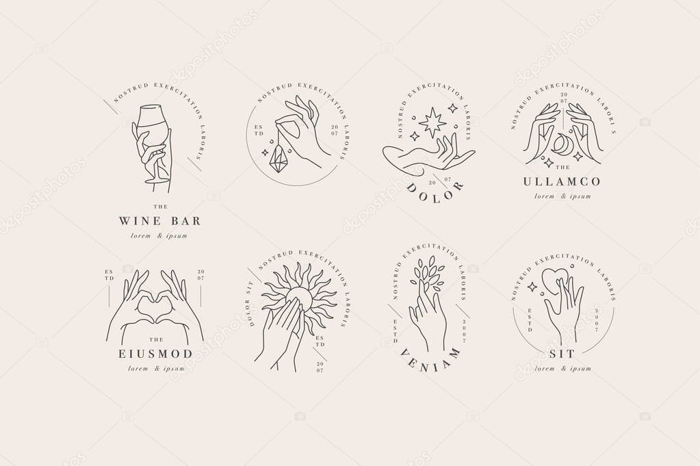 Vector design linear template logos or emblems - hands in in different gestures. Abstract symbol for cosmetics and packaging or beauty products.