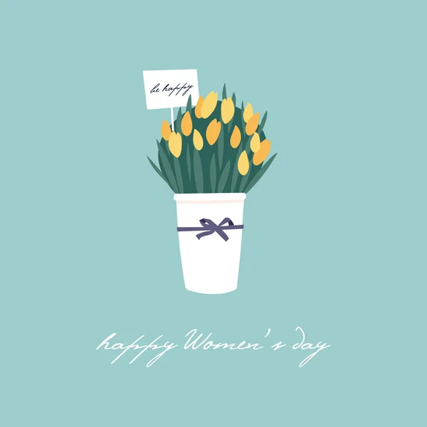 Ilustración vectorial para el Día Internacional de la Mujer. Hermoso ramo de flores con tarjeta de felicitación. Plantilla para tarjeta, póster, volante y otros usuarios . — Vector de stock