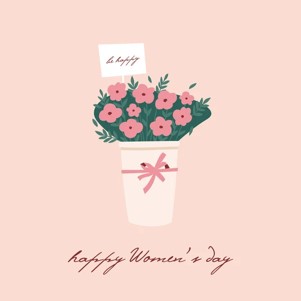 Ilustración vectorial para el Día Internacional de la Mujer. Hermoso ramo de flores con tarjeta de felicitación. Plantilla para tarjeta, póster, volante y otros usuarios . — Vector de stock