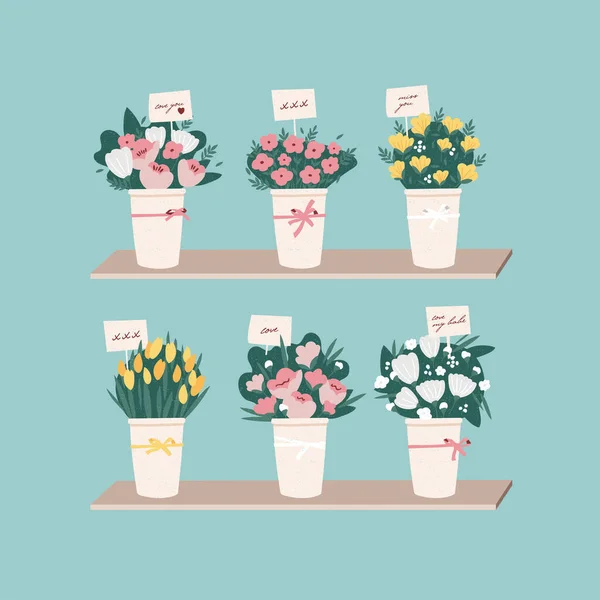 Illustrations vectorielles de beaux bouquets de fleurs. Bouquets de fleurs avec tulipes, pivoines, camomilles et carte de vœux. — Image vectorielle