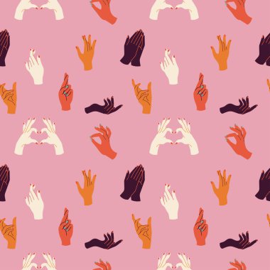 Vektör tasarımı simgeler - farklı jestler içindeki etnik insan elleri. Kusursuz desen