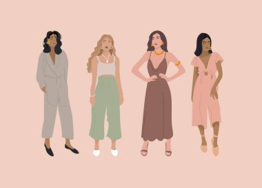 Modern kıyafetli vektör illüstrasyonlu moda kızı. Güzellik ve zihinsel, kadınlık kavramı