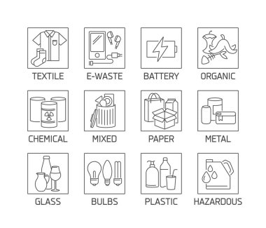 Çöp atıklarının geri dönüşümü için ikonları sıralayan vektör kümesi. Eko güvenli tabela tasarımı. Sıfır atık ve yeniden kullanılabilir atık için koleksiyon sembolü