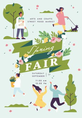 Vector Spring Panayırı posteri, afiş ya da afiş insanların parkta eğlendiği bir şablon. Bahar tatili ve halka açık etkinlik