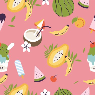 Farklı tropikal meyve ve dondurmaların vektör çizimleri. Egzotik yazın kusursuz deseni
