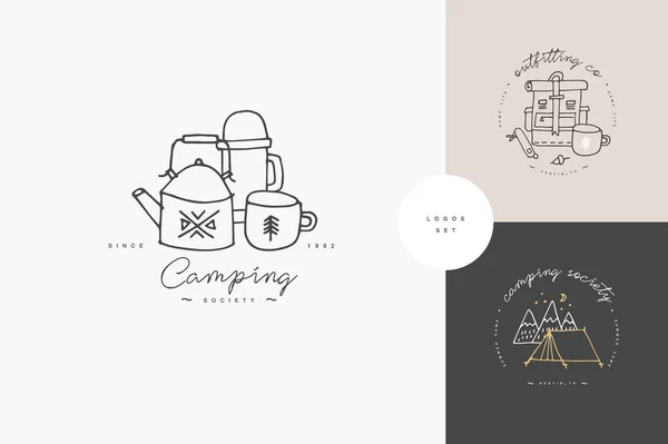 Vector Set Liear Camping Hiking Icons Logos Путешествующий Эмблема Круглый — стоковый вектор