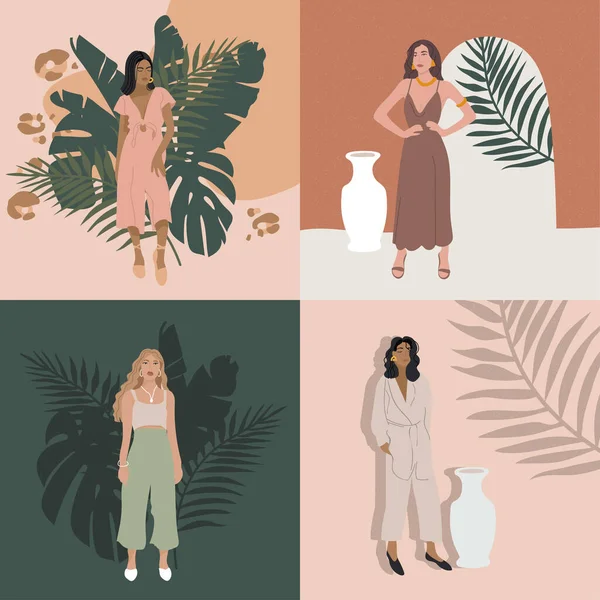 Illustration Vectorielle Filles Mode Dans Des Tenues Modernes Avec Des — Image vectorielle