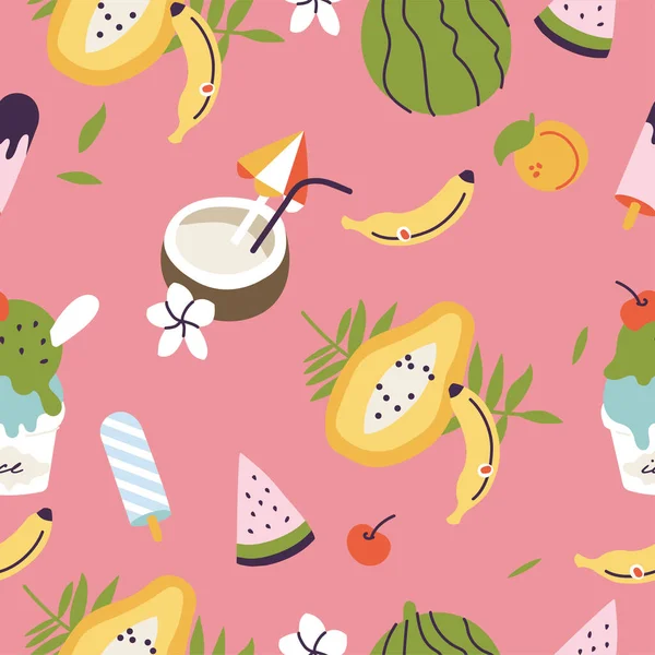 Vector Illustrations Different Tropical Fruits Ice Cream Seamless Pattern Exotic — Stock Vector