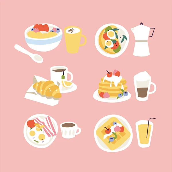 Vector Illustratie Set Van Verschillende Ontbijten Diverse Smakelijke Bakkerijproducten Warme — Stockvector