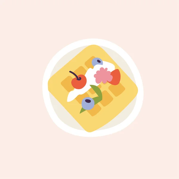 Krema Böğürtlenli Belçika Waffle Inın Vektör Çizimi Tatlı Kahvaltı — Stok Vektör