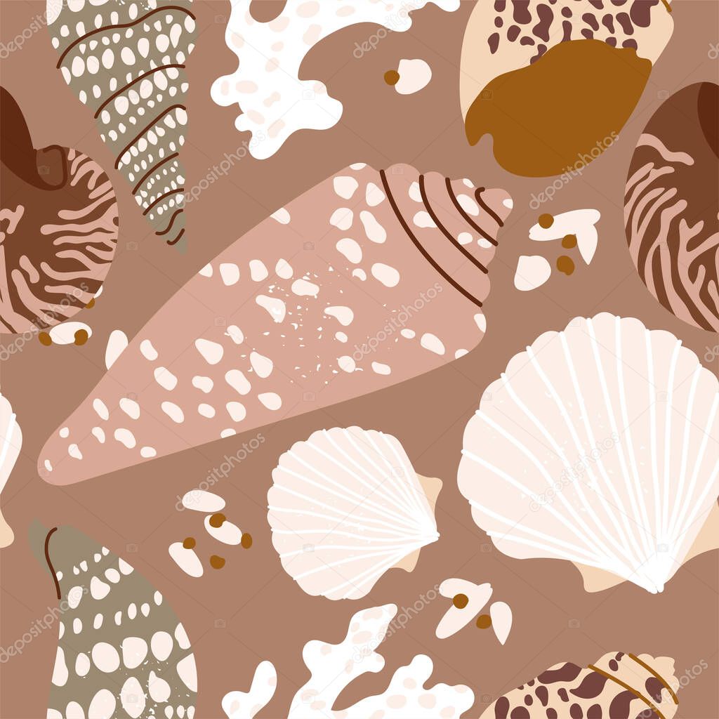 Vector patten with sea shells. Seamless marine pattern or wrapping paper for package. Contemporary modern trendy texture