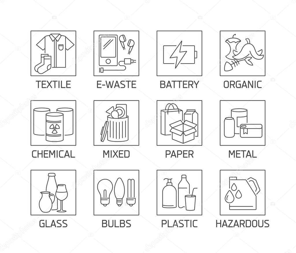 Vector set of different recycling garbage waste types sorting processing icons. Eco safe sign design. Collection symbol for zero waste and reusable waste